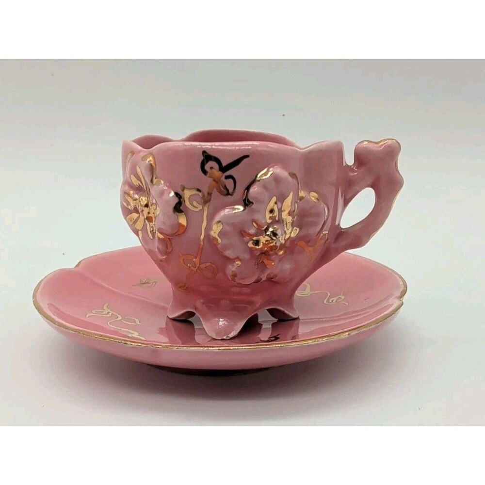 Vtg Pink Mini Teacup Saucer Embossed Floral Gold Gilt Espresso Jensen Demitasse
